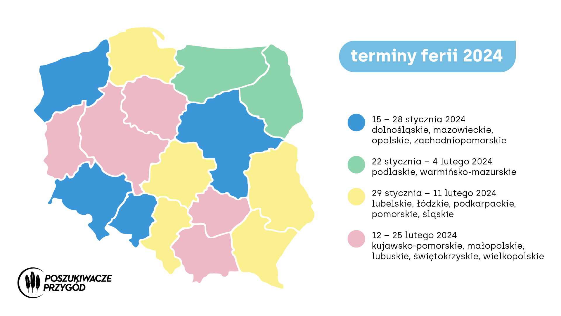 Terminy ferii zimowych 2024 - mapa Polski z podziałem na województwa